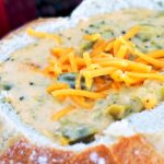 broccoli cheddar soup in bread bowl from The Jewish Kitchen