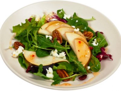 mesclun greens with pears dried cherries and candied walnuts